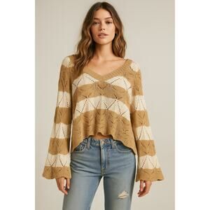 Originality Tan Cream Open Knit Flare Sleeve Boho Sweater Women’s Sm Oversized